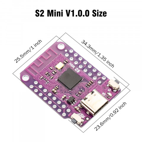 Плата розробника ESP32-S2 Mini Wi-Fi 2.4 ГГц, USB Type-C, ESP32-S2FN4R2, Arduino, MicroPython