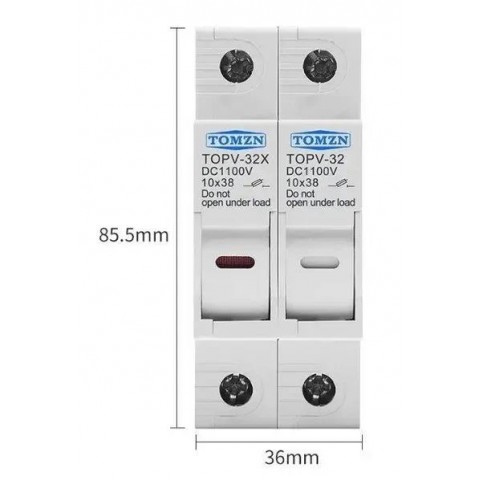 Держатель с 2-мя предохранителями по 20А 2P 10х38мм 1000V DC для солнечных панелей (PV систем) TOMZN TOPV-32