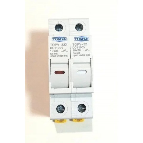Держатель с 2-мя предохранителями по 20А 2P 10х38мм 1000V DC для солнечных панелей (PV систем) TOMZN TOPV-32