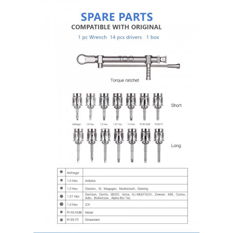Набір для імплантології TOQ Dental з динамометричним ключем 10–70 N·cm (14 насадок)