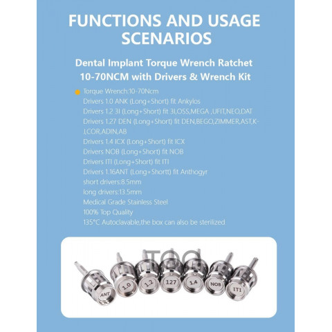Набір для імплантології TOQ Dental з динамометричним ключем 10–70 N·cm (14 насадок)