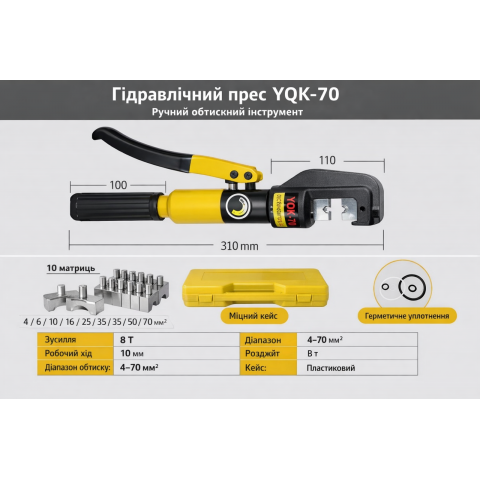 Ручний гідравлічний прес YQ-70 (4–70 мм²) для обтиску кабелю