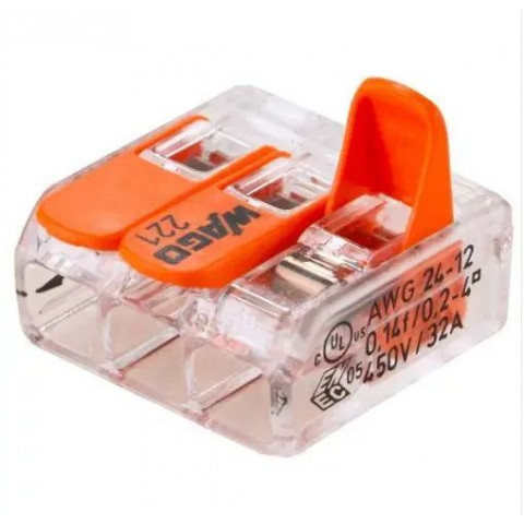 Клема WAGO 221-413, 3-контактна швидкозʼєднувальна