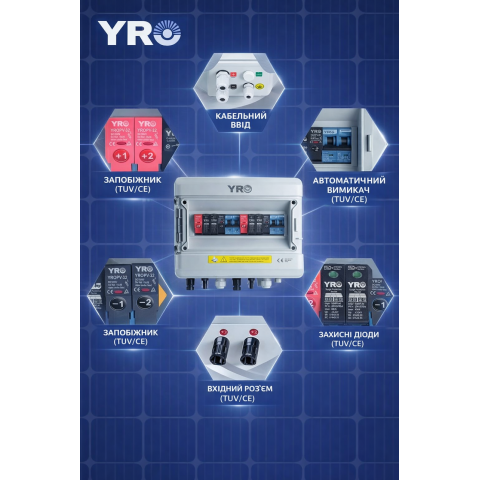 YRO PV Combiner Box 2 входи 2 виходи 550V DC для сонячних панелей